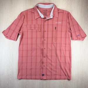 Salt Life SLX UVapor Fishing Shirt Mens Large Coral Red Plaid Vented Performance